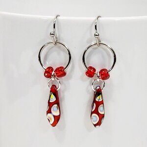 Czechoslovakian Red Spotted Glass Dagger Earrings Lightweight Minimalist